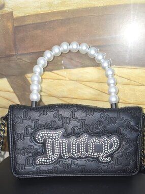 Juicy Couture Mini Rhinestone Crossbody Bag Black Pearl Handle Y2K